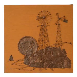 1970s Cabin & Windmills Metal Brass Art on Fabric Wall Hanging