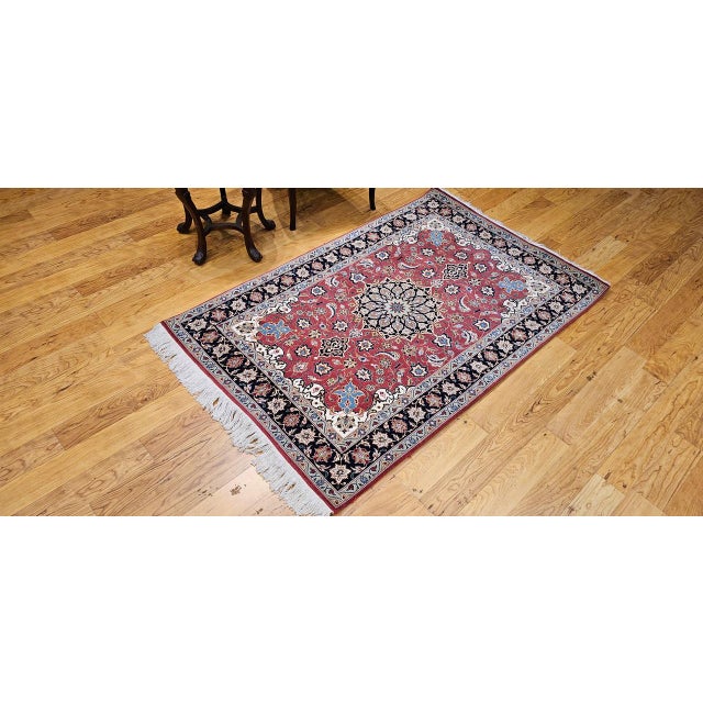 Red Vintage Persian Tabriz Area Rug, Hand-Knotted Wool & Silk, Floral Pattern, Pomegranate-Red & Navy, 3x5 For Sale - Image 8 of 18