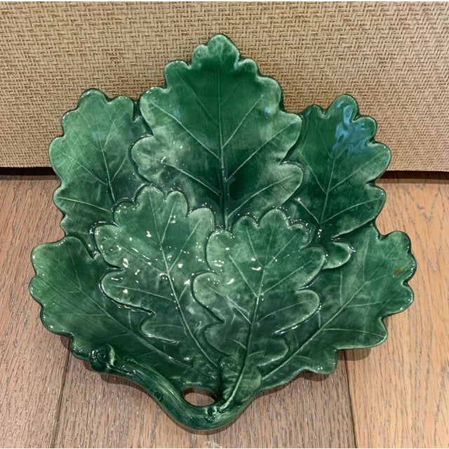 Vintage Italian Majolica Serving Bowl. Green glaze on ceramic with leaf pattern.