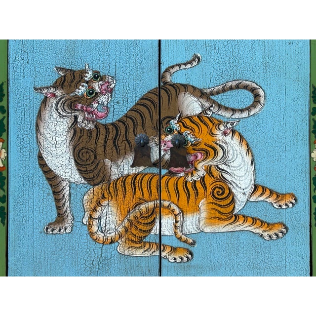 Lime Tibetan Style Lime Green Blue Two Tigers End Table Nightstand For Sale - Image 8 of 10