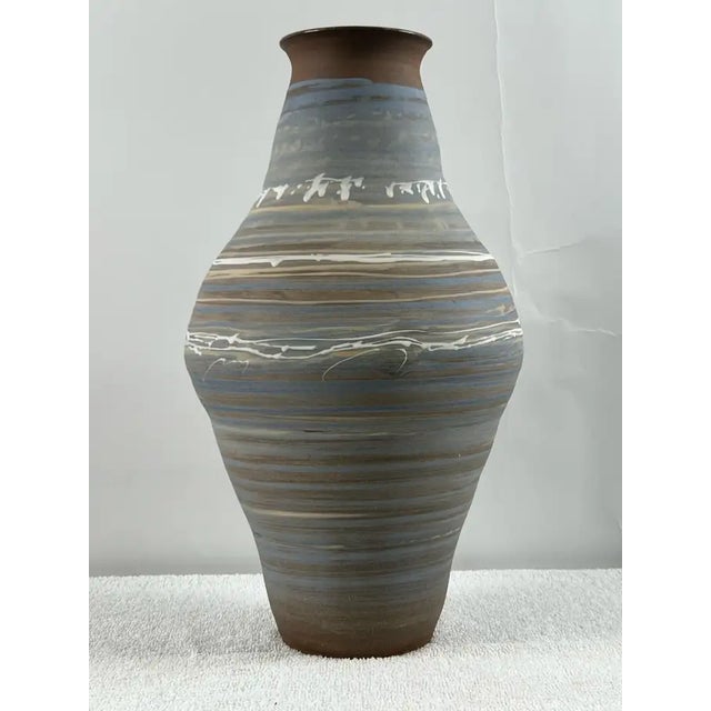 Vintage Handmade Pottery Vase With Blue & Earth-Tone Swirl Glaze For Sale In New York - Image 6 of 12
