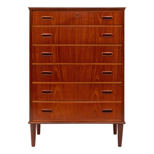 Vintage Danish Mid-Century Teak Six-Drawer Tallboy Dresser For Sale