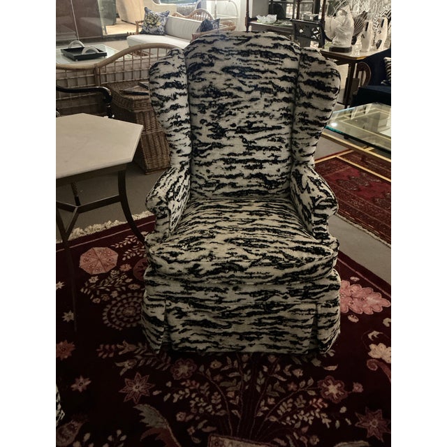 Pair of Antique Wing Chairs, Not Identical Upholstered in F.Schumacher Serengeti Fabric For Sale - Image 4 of 8