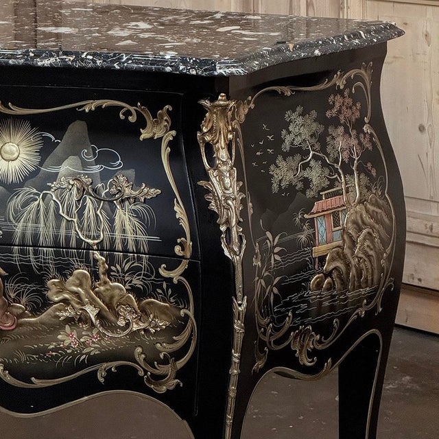 Wood Antique French Chinoiserie Black Lacquer Bombe Commode For Sale - Image 7 of 16