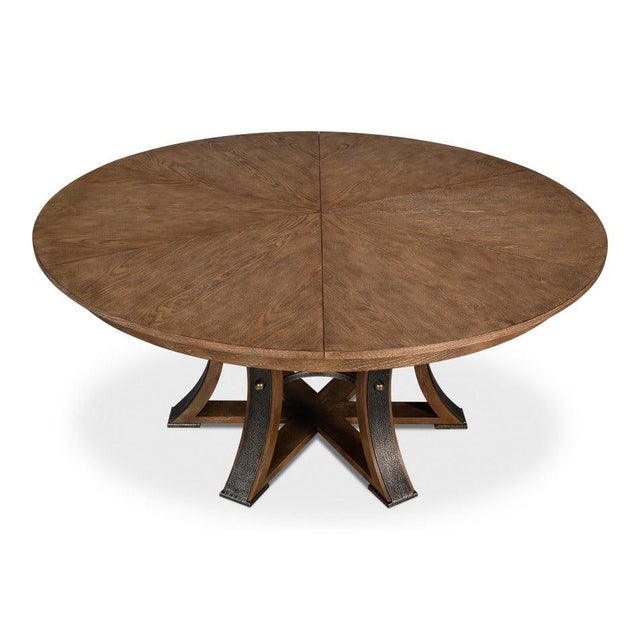 Large Round Dining Table in Light Brown Oak With Iron Base For Sale In Raleigh - Image 6 of 11