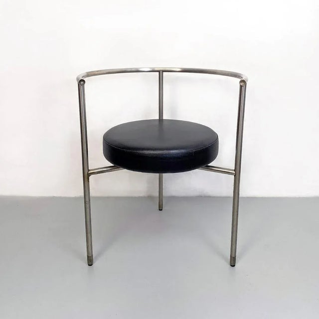 Post Modern Italian Cockpit Shape Leather & Steel Side Chair, 1980s For Sale - Image 14 of 16