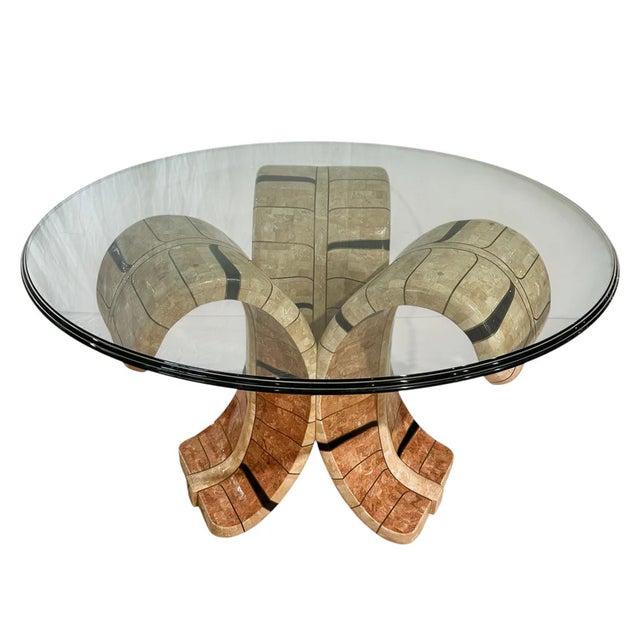 Maitland Smith Tessellated Travertine with Brass Accents Dining Table Base Round 3-tiered Glass Top