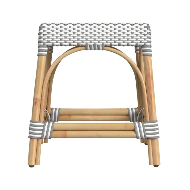Spritely Home Accent Furniture Robias 18 in. Seat Height Rectangular Rattan Low Dining Stool, Gray/White Dot / Natural Rattan Frame For Sale - Image 4 of 7
