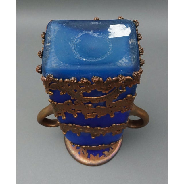 Metal Mid 20th Century Anca Podaru Ama Romanian Copper Overlay Handled Art Glass Nouveau Vase For Sale - Image 7 of 9