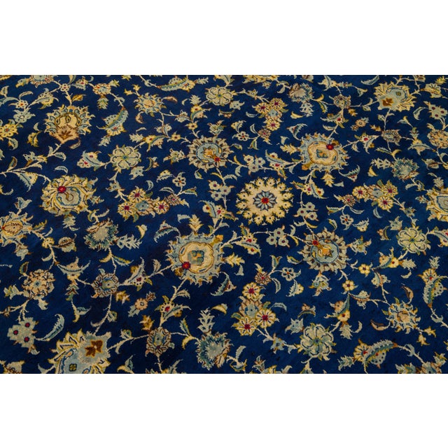 1960s Vintage Persian Kashan Handmade Blue Wool Rug With Floral Pattern For Sale In New York - Image 6 of 7