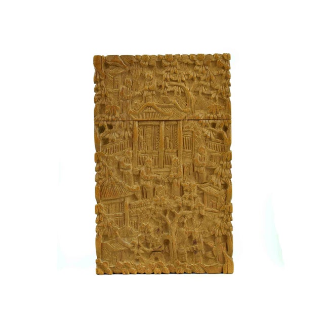 Antique 19th Century Hand Carved Chinese Intricate Canton Wooden Card Case For Sale - Image 4 of 10