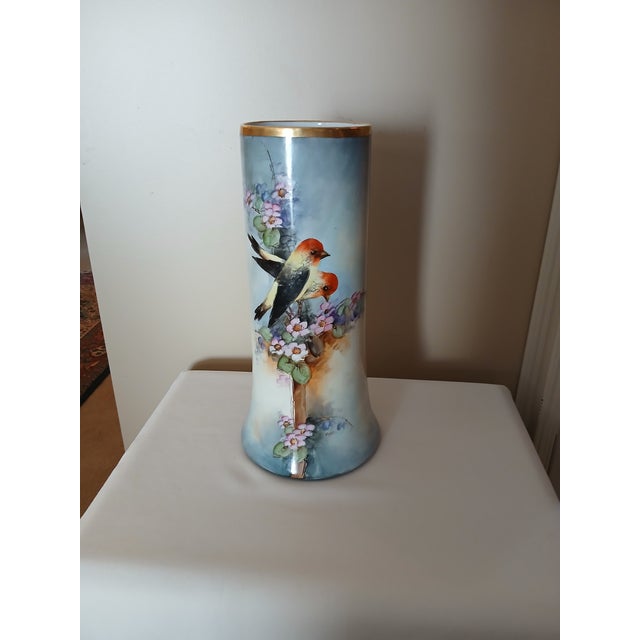 Limoges, France Antique Limoges B & Co Hand Painted Vase of Flowers & Taningers For Sale - Image 4 of 13