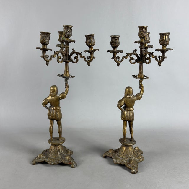 Mid-Century Bronze 4-Flame Candelabras with Noble Figures, Set of 2 For Sale - Image 3 of 11