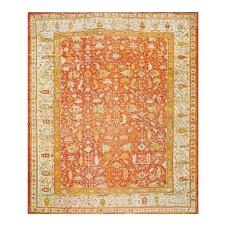 1880s Orange Antique Tribal Rustic Turkish Angora Oushak Rug 11' 10" X14' Handknotted Wool Carpet For Sale