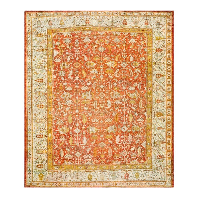1880s Orange Antique Tribal Rustic Turkish Angora Oushak Rug 11' 10" X14' Handknotted Wool Carpet For Sale