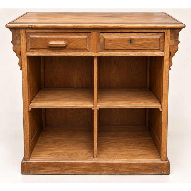 Solid oak shop counter, Art Nouveau period, circa 1900-1910, fully restored by the seller's workshop. The counter has a...