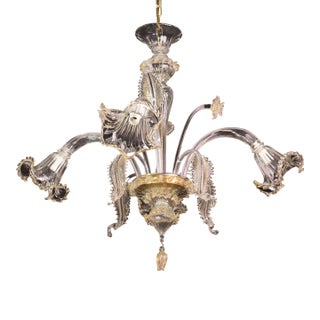 Vintage Venetian Chandelier, Transparent and Gold Murano Glass, 1970s For Sale