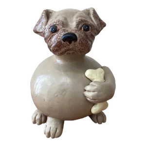 Antique Ceramic Glazed Boston Bulldog With Bone Sculpture “My Bone “ by Vili Thomari, Circa 1940s