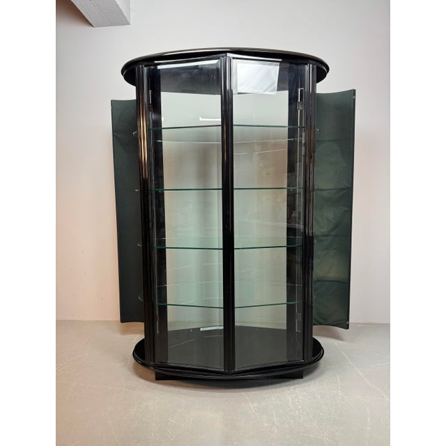 Rare mid-century italian design glass display cabinet with refined white leather doors in black wooden frame by rossi di...