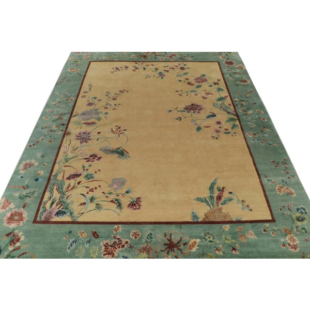 Art Deco Rug & Kilim Chinese Deco style Rug with Teal Border, Gold Field & Florals - 10'x14' For Sale - Image 3 of 7