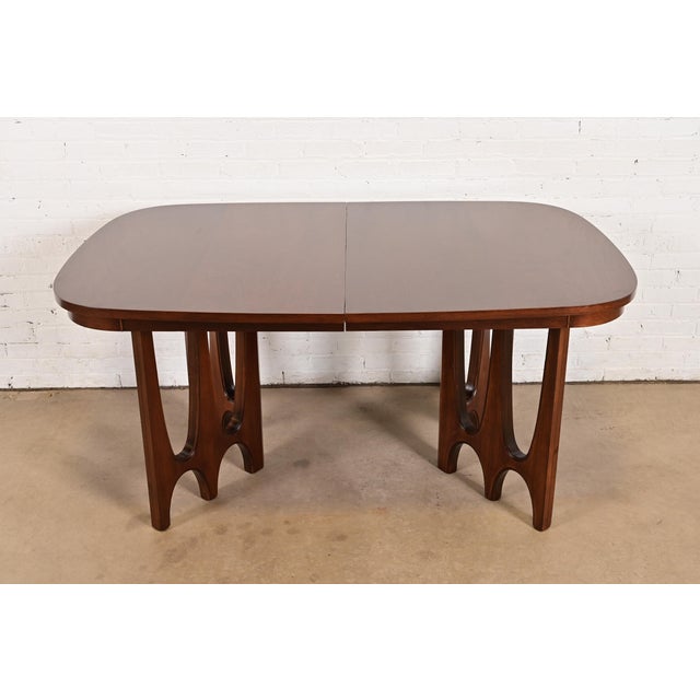 Wood Broyhill Brasilia Mid-Century Modern Sculpted Walnut Extension Dining Table, Newly Refinished For Sale - Image 7 of 13