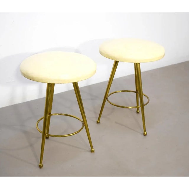 Pouf pair in brass and leather, Italian production of the 1950s. Excellent condition, normal wear wear (see photos)....