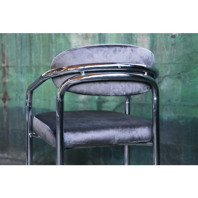 1970s Postmodern Chrome Armchair in the Manner of John Mascheroni Grey Velvet, Casters For Sale - Image 17 of 17