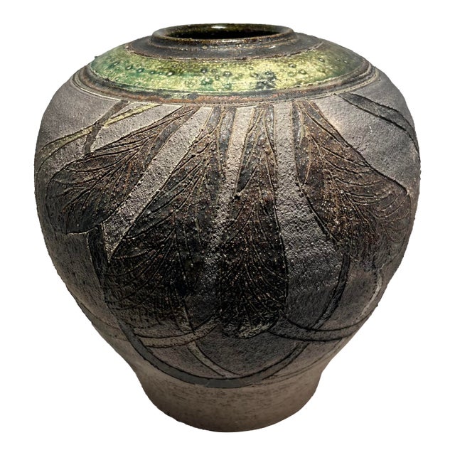 Vintage Studio Art Pottery Chestnut Leaves Raku Glaze Vase by Bohn, Signed For Sale