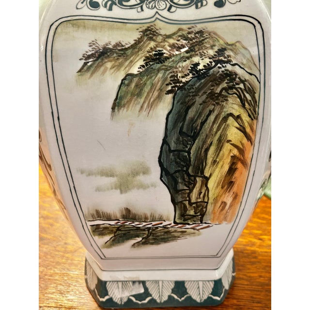 1970’s Andrea by Sadek Green and White Porcelain Chinoiserie Japanese Porcelain Scenic Vase 15.5” For Sale In New Orleans - Image 6 of 11