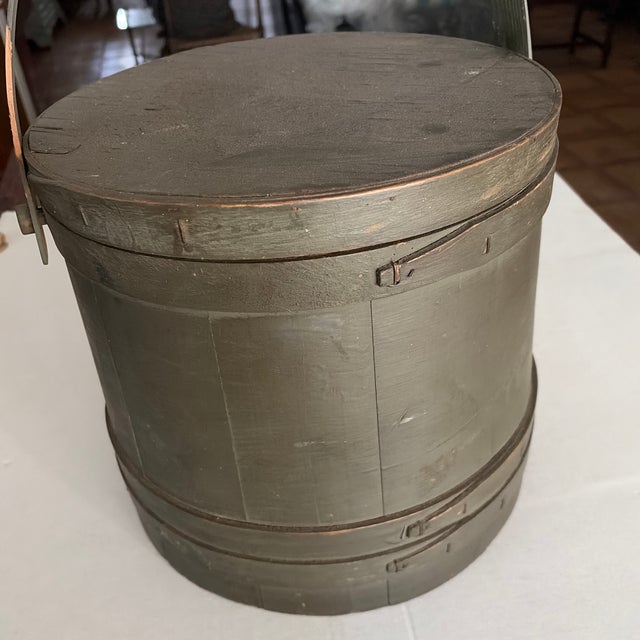 Antique Firkin Storage Box with original lid in a muted Green color Stores all kind of pantry items and sewing items Also...