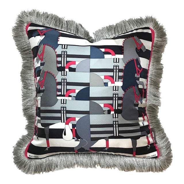 Hermes Rocabar Noir Vintage Silk Scarf Pillow For Sale