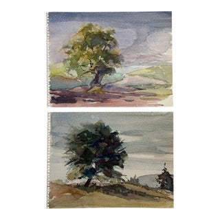 Vintage Pair of Double-Sided Watercolor Landscape Paintings 1970s For Sale