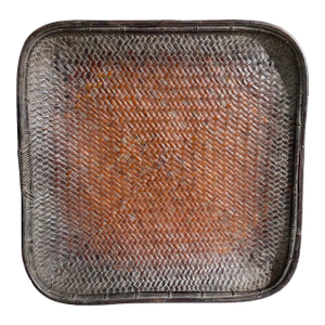 Lg Vintage African Kuba Tribe Congo Tight-Weave Square Basket 25.5" W