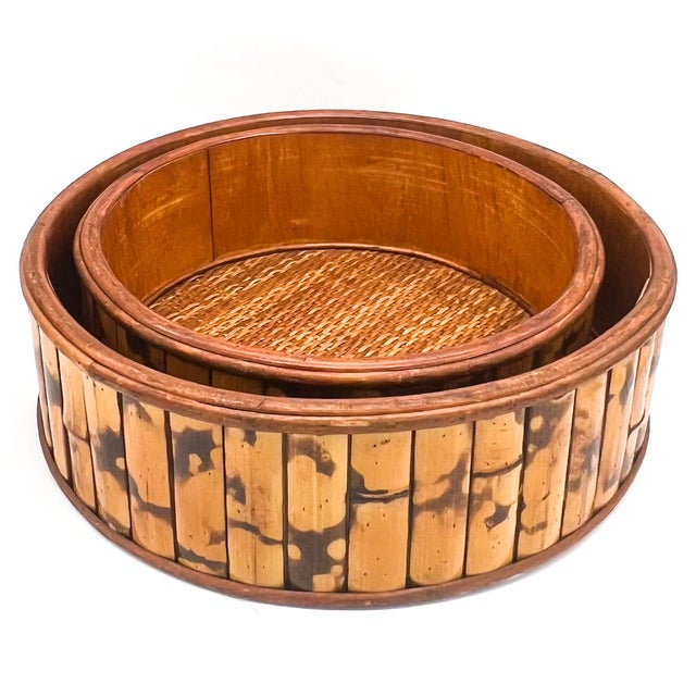 Vintage burnt bamboo basket featuring a warm, richly toned finish and handwoven construction. The darker coloration...