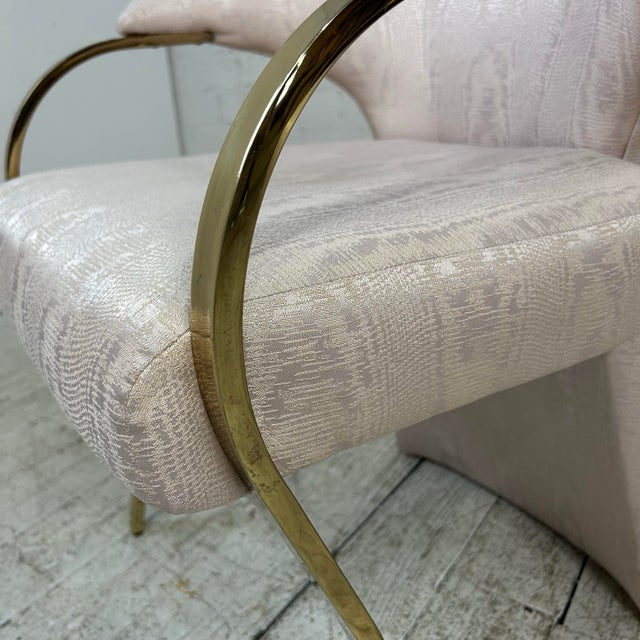 Textile Pair of Carson’s Art Deco Hollywood Regency Brass Arm Cantilever Chairs For Sale - Image 7 of 12