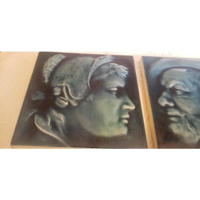 Figurative Pair of Late 19th Century American Encaustic Portrai Figural Tiles Co For Sale - Image 3 of 7