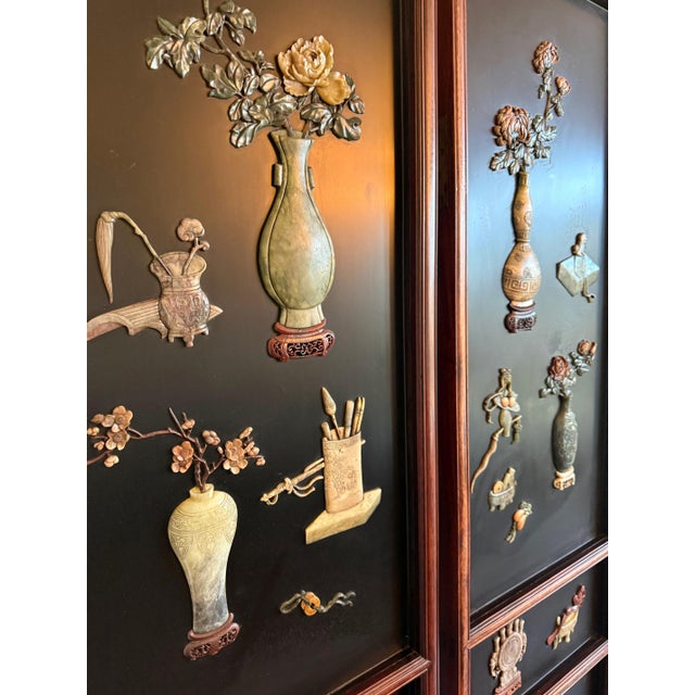 Chinese Lacquered Wood Folding Floor Screen with Gemstone Inlays For Sale - Image 9 of 18