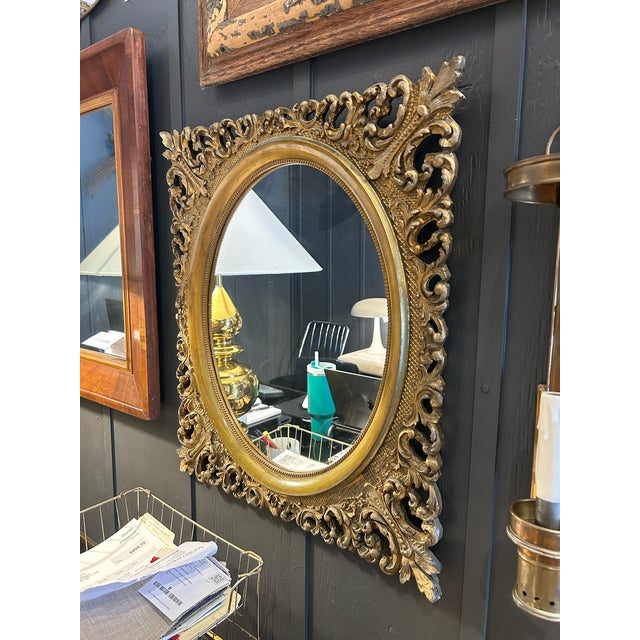 Vintage Carved Wood Gold Leaf Oval Mirror For Sale - Image 4 of 9