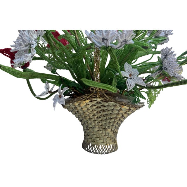 Vintage French Imortelle Glass Beaded Memorial Basket Bouquet For Sale In Phoenix - Image 6 of 12