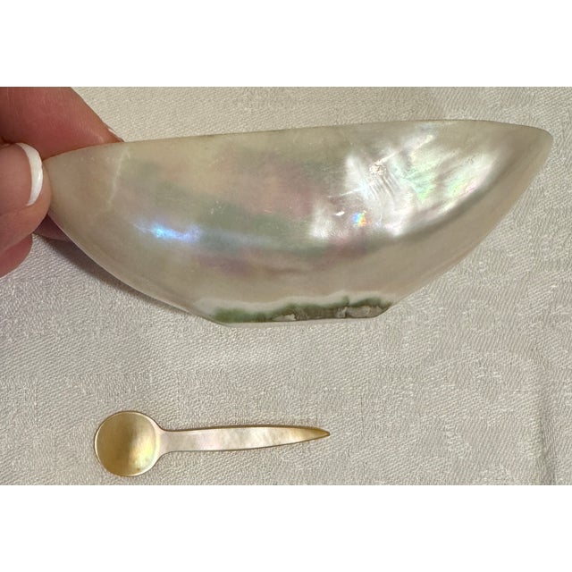 Beautiful vintage bowl and small spoon, both carved from shell. Perfect for serving caviar or condiments. Measurements are...