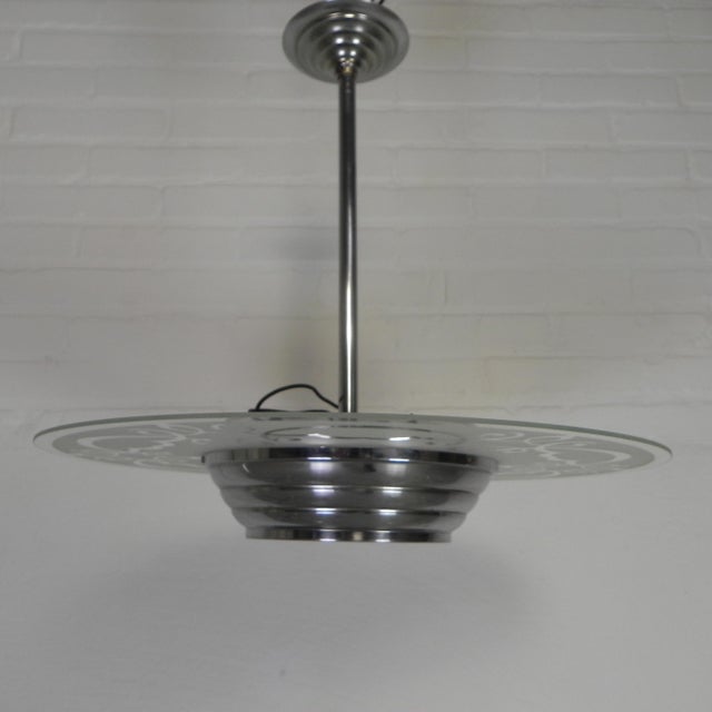 Metal Art Deco Pendant Lamp with Glass Disc, 1930s For Sale - Image 7 of 14