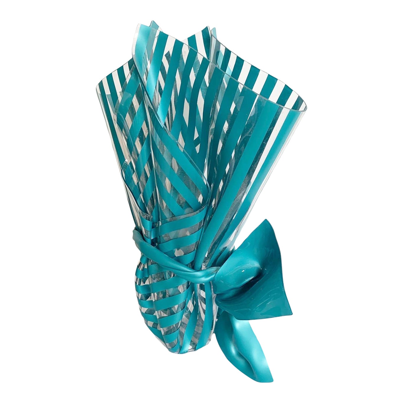 Postmodern Teal Stripes Sculpted Plastic Vase With Plastic Ribbon