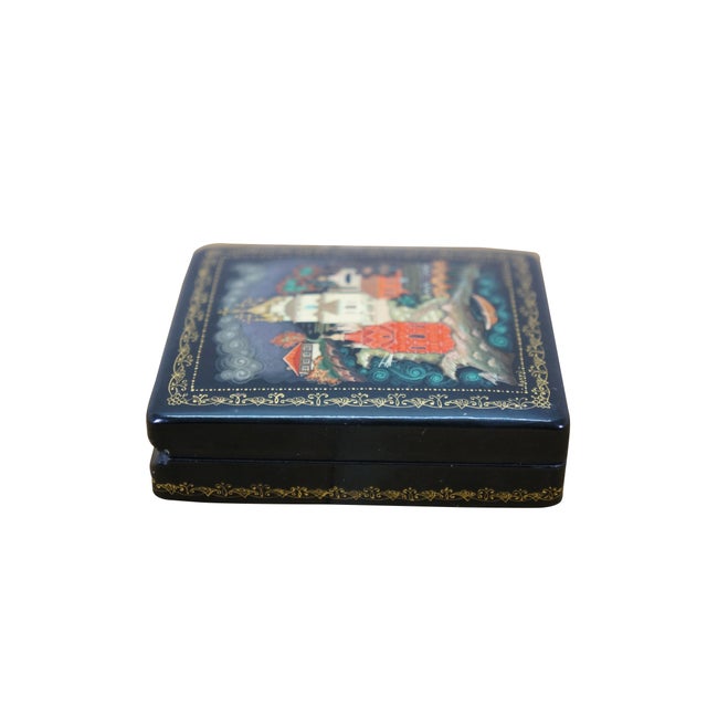 Vintage Russian lacquer papier-mâché box from the Kholui Factory of Artistic Lacquer Miniatures. Featuring churches and a...