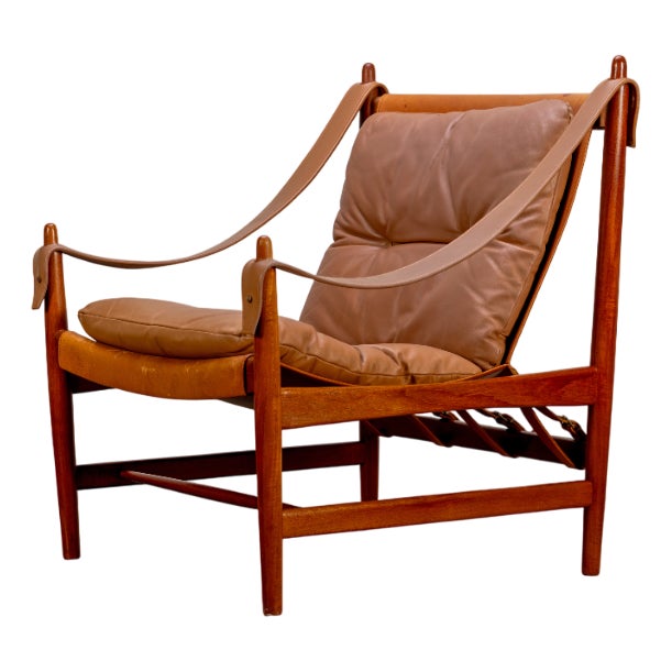 Scandinavian Safari Leather Lounge Chair in Teak, 1960s For Sale