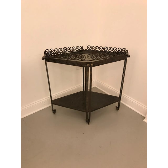French Art Deco wrought iron diamond accent table. Having two tiers with removable glass top for serving. Beautiful...