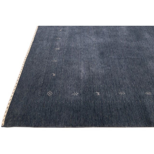 Blue Modern Gabbeh Style Hand-Loom Minimalist Pattern Blue Wool Rug For Sale - Image 8 of 11