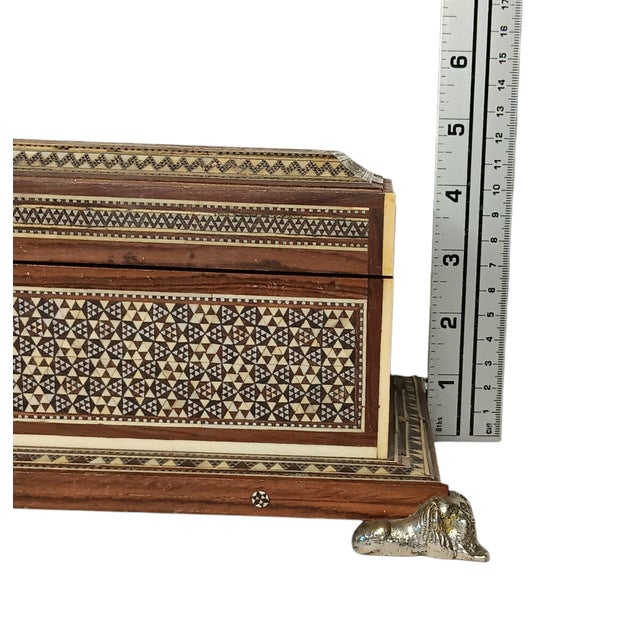 Vintage Large Wood Box Micro Mosaic Inlaid Marquetry With Blue Velvet 17 X 7 X 4.5 For Sale - Image 17 of 17