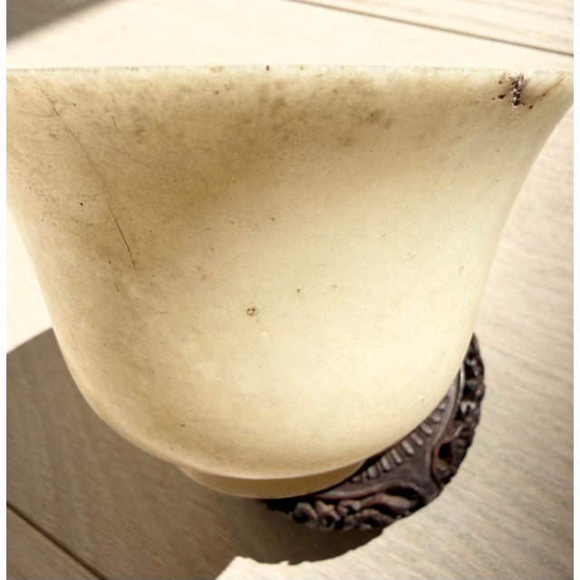 Ivory Antique Chinese Qing Carved Faux Mutton Fat White Jade Bowl W/Stand Read On For Sale - Image 8 of 9