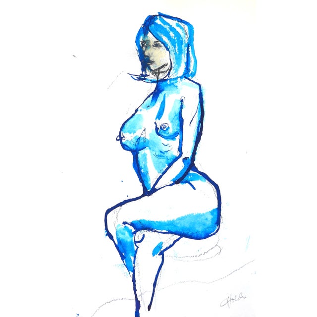 2020s Martha Holden Contemporary "Woman in Blue" Ink on Paper Drawing For Sale - Image 5 of 6