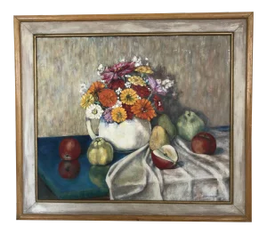 Framed Oil on Masonite Titled “Fruit and Flowers” by Thomas C. Stevenson